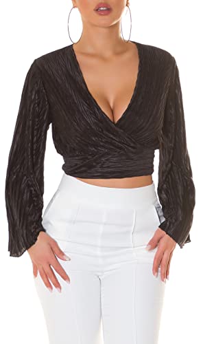 Chic Wickel V-Neck Crop Blusen Top mit Knitter-Effekt One Size (Einheitsgröße) von Koucla