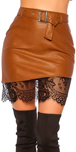 Damen High Waist Rock Leder Look Kunstleder Minirock mit Spitze und Gürtel XL von Koucla