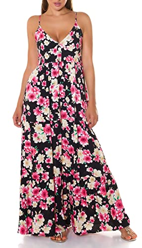 Koucla Flower Printed V-Neck Träger Maxi Kleid mit Deko Knöpfe S/M, Schwarz von Koucla