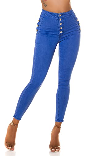 Koucla High Waist Skinny Jeans Jeggings mit Deko Knöpfe 38, Dunkelblau von Koucla