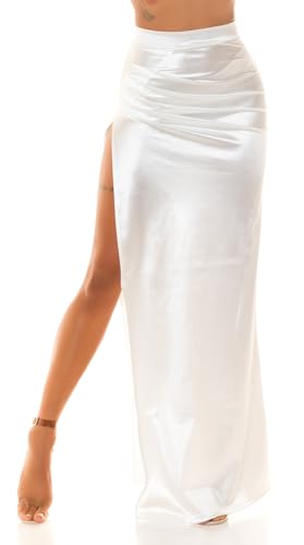 Highwaist Cocktail Rock Bodenlang Satin Look Maxirock mit Falten-Effekt und Beinschlitz XL von Koucla