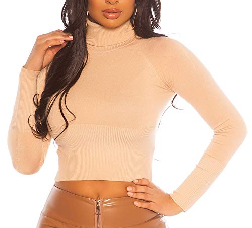 Koucla Basic Crop Rollkragen Pullover Pulli Sweater Rollkragenpullover Bauchfrei (Beige, M/L) von Koucla