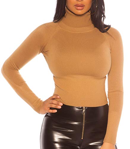 Koucla Basic Crop Rollkragen Pullover Pulli Sweater Rollkragenpullover Bauchfrei (Cappuccino, M/L) von Koucla