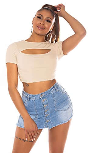 Koucla Basic Top Crop Top T-Shirt bauchfrei mit Cut-Out (Beige) von Koucla