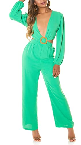 Koucla Business Maxi V-Neck Langarm Jumpsuit mit Deko Schnalle S, Grün von Koucla