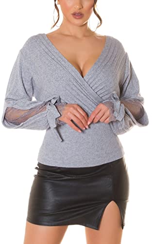 Koucla Chic Feinstrick Wickel V-Neck Pullover mit Spitzen-Einsatz One Size (Einheitsgröße) von Koucla