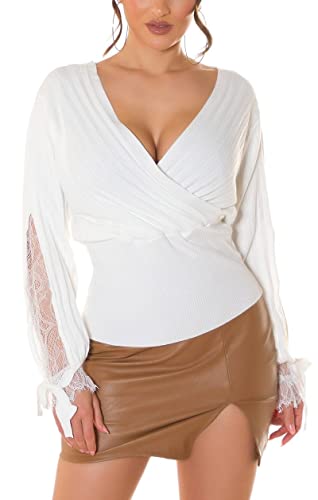 Koucla Chic Feinstrick Wickel V-Neck Pullover mit Spitzen-Einsatz One Size (Einheitsgröße) von Koucla