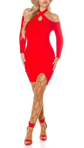 Koucla Cold Shoulder Strickkleid Neckholder Minikleid Langarm Kleid mit Rippstrick Struktur One Size (Einheitsgröße) von Koucla