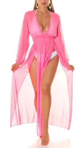 Koucla Cover-Up Kleid Maxikleid Langarm Strandkleid Transparent mit V-Neck und Beinschlitz One Size (Einheitsgröße) von Koucla
