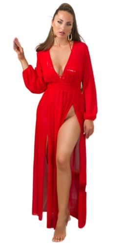Koucla Cover-Up Kleid Maxikleid Langarm Strandkleid Transparent mit V-Neck und Beinschlitz One Size (Einheitsgröße) von Koucla