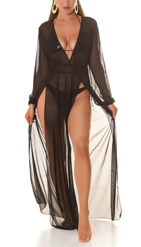 Koucla Cover-Up Kleid Maxikleid Langarm Strandkleid Transparent mit V-Neck und Beinschlitz One Size (Einheitsgröße) von Koucla