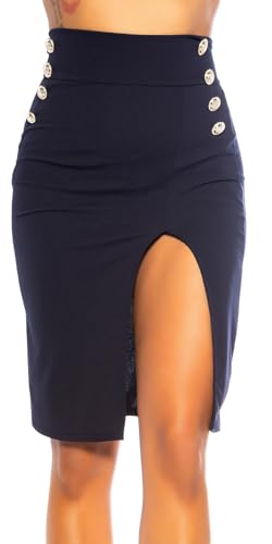 Koucla Damen Bleistiftrock Minirock High Waist Rock mit Schlitz und DekoKnöpfen (Marine, XL) von Koucla