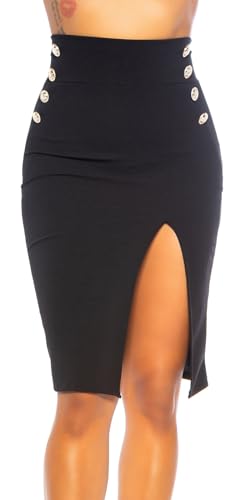 Koucla Damen Bleistiftrock Minirock High Waist Rock mit Schlitz und DekoKnöpfen (Schwarz, L) von Koucla