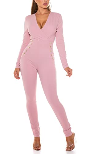 Koucla Damen Overall Eleganter Jumpsuit Hosenanzug V-Ausschnitt Deko-Knöpfen (Rosa, L) von Koucla