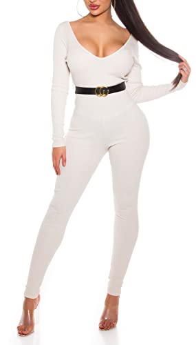Koucla Damen Overall Jumpsuit Playsuit V-Ausschnitt mit Gürtel (Beige, XL) von Koucla