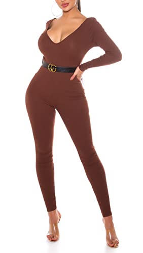 Koucla Damen Overall Jumpsuit Playsuit V-Ausschnitt mit Gürtel (Braun, S) von Koucla
