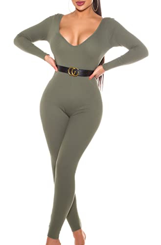 Koucla Damen Overall Jumpsuit Playsuit V-Ausschnitt mit Gürtel (Khaki, S) von Koucla