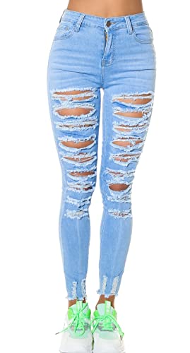 Koucla Destroyed High Waist Skinny Jeans im Used Look mit Risse 34, Hellblau von Koucla