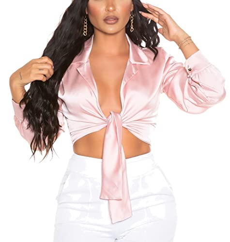 Koucla Glossy Satin V-Neck Crop Blusen Top zum Binden One Size (Einheitsgröße), Rosa von Koucla