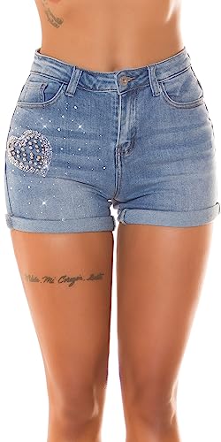 Koucla High Waist Jeans-Shorts mit Glitzersteinchen in Herz Form 38 von Koucla