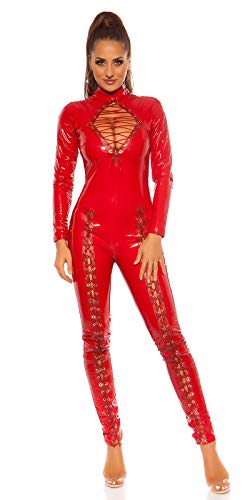 Koucla Highcollar Wetlook Lederlook Lack Optik Catsuit Overall mit Schnürung (Rot, S) von Koucla