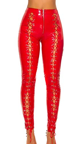 Koucla Highwaist Hose Lederlook Lack Optik Damen Hose Schnürung (Rot, XL) von Koucla