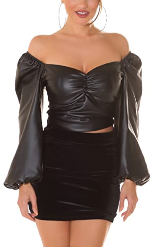 Koucla Kunstleder Crop Off Shoulder Top mit Ballon-Ärmel One Size (Einheitsgröße) von Koucla