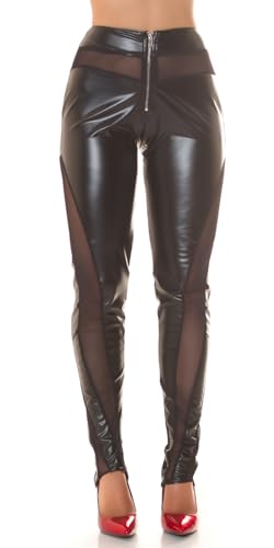 Koucla Lederlook Gogo Skinny Hose Lang Wetlook Leggings Highwaist Partyhose mit transparenten Mesh Einsätzen und Zipper Reißverschluss M von Koucla