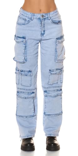 Koucla Light Denim Cargo Jeans Lightwashed High Waist Hose, Jeanshose Gerade Breites Bein XL von Koucla