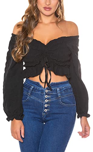 Koucla Off Shoulder Langarm Crop Blusen Top mit Raffung M/L von Koucla