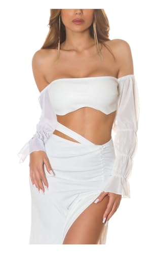 Koucla Off Shoulder Leder Look Carmen Crop Top Kunstleder Bustier Partytop mit Chiffon Ärmel Langarm One Size (Einheitsgröße) von Koucla