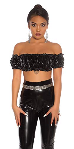 Koucla Off Shoulder Party Wetlook Lederlook Lack Optik Croptop Top Shirt (Schwarz) von Koucla