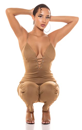 Koucla Overall Catsuit Jumpsuit mit tiefem V-Ausschnitt und Schnürung (S, Beige) von Koucla