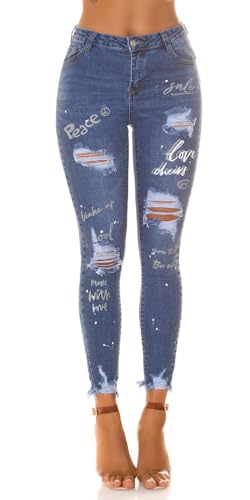 Koucla Printed High Waist Skinny Jeans Röhre Hose im Destroyed Look mit Löcher Risse Fransig 34 von Koucla