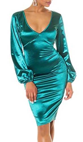 Koucla Rückenfrei Satin Look V-Neck Midi Cocktail Kleid mit Deko Schleife L von Koucla