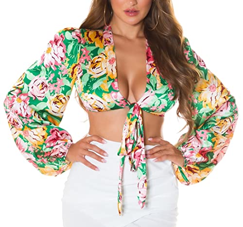 Koucla Satin V-Neck Crop Flower Blusen Top zum Binden mit Ballon-Ärmel One Size (Einheitsgröße) von Koucla