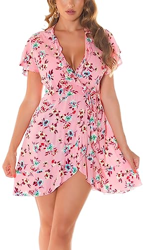 Koucla Sexy Mini Wickelkleid mit kruzen Ärmeln und Blumen Print L/XL von Koucla