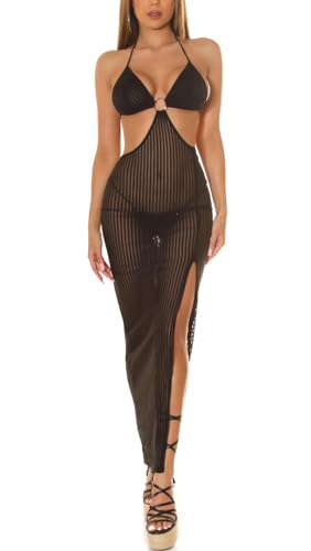 Koucla Streifen-Look Neckholder Maxikleid Cover-up Kleid Transparent mit Beinschlitz und Cutout One Size (Einheitsgröße) von Koucla