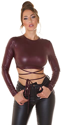 Koucla Top Wetlook Crop Top Shirt zum Binden Bauchfrei Langarm (Bordeaux) von Koucla