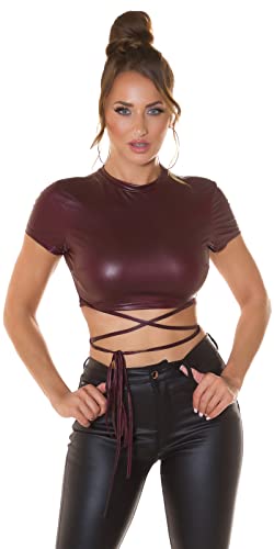 Koucla Top Wetlook Crop Top Tanktop zum Binden Bauchfrei Kurzarm (Bordeaux) von Koucla