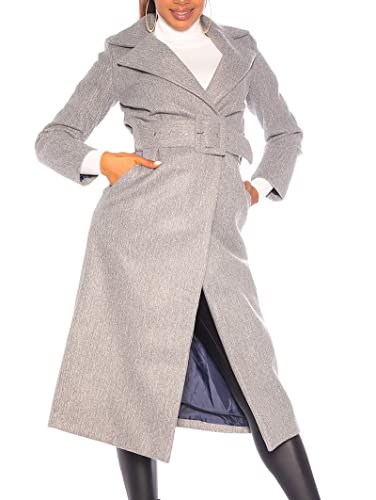 Koucla Trendy Langer Mantel mit Gürtel, Farbe:Grau, Größe:S von Koucla