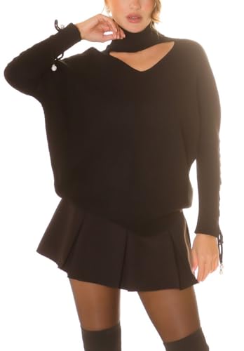 Koucla Turtleneck Jumper Rollkragen Pulli Oversize Rippstrick Pullover Strickpullover mit V-Cutouts Deko Perlen und Ärmel Schnürung One Size (Einheitsgröße) von Koucla