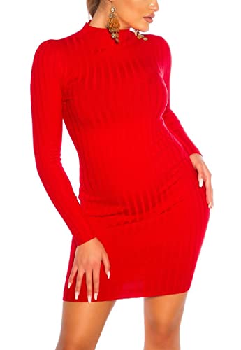 Koucla Uni Turtle Neck Langarm Strick Minikleid mit Rippstrick-Struktur One Size (Einheitsgröße), Rot von Koucla