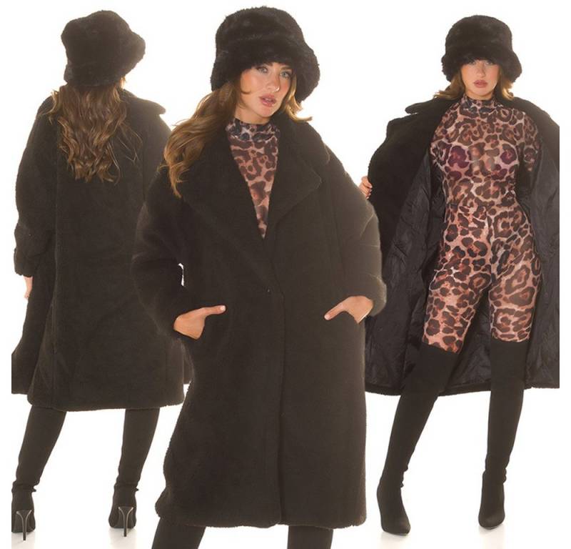 Koucla Wintermantel Teddy Plüsch Mantel lang schwarz kuschlig weich von Koucla