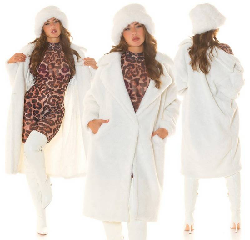 Koucla Wintermantel Teddy Plüsch Mantel lang weiß kuschlig weich von Koucla