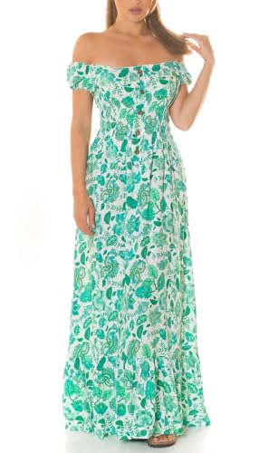 Off Shoulder Carmen Maxikleid Sommer Kleid Bodenlang mit Deko Knöpfe und Blumenmuster Flower Print L/XL von Koucla