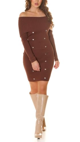 Off Shoulder Feinstrick Midikleid Langarm Kleid Knielang mit Carmen-Ausschnitt und Deko Knöpfe One Size (Einheitsgröße) von Koucla