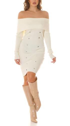 Off Shoulder Feinstrick Midikleid Langarm Kleid Knielang mit Carmen-Ausschnitt und Deko Knöpfe One Size (Einheitsgröße) von Koucla