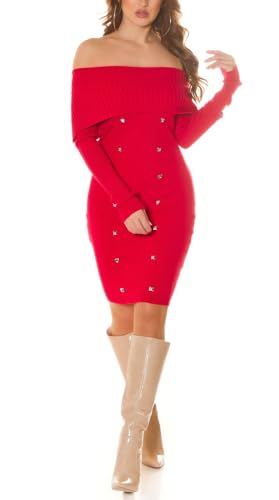 Off Shoulder Feinstrick Midikleid Langarm Kleid Knielang mit Carmen-Ausschnitt und Deko Knöpfe One Size (Einheitsgröße) von Koucla