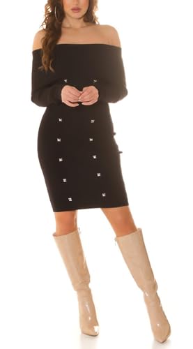 Off Shoulder Feinstrick Midikleid Langarm Kleid Knielang mit Carmen-Ausschnitt und Deko Knöpfe One Size (Einheitsgröße) von Koucla